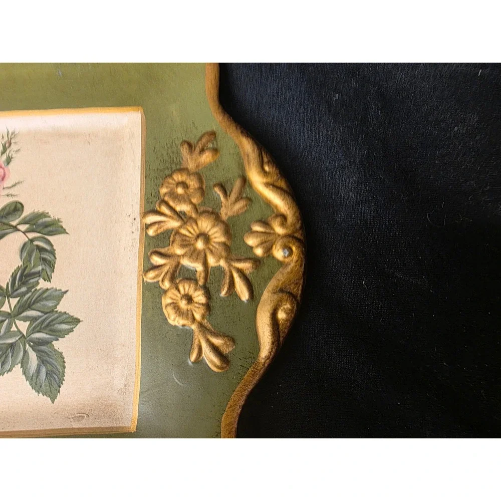 Vintage Style Pink Rose Decorative Tray Sage Green Gold Floral Scalloped Edge
